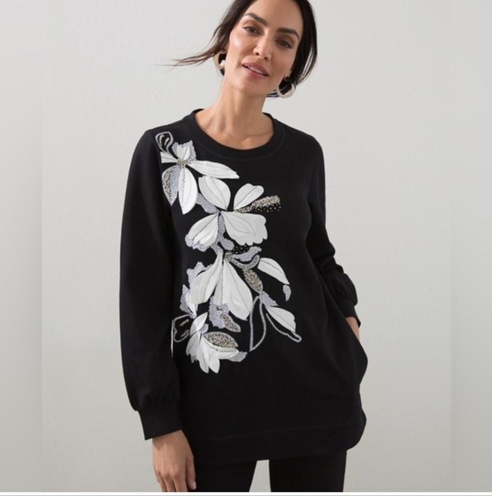 Chico's Zenergy French Terry Applique Tunic Top Size Chico's 2 / US 12/14